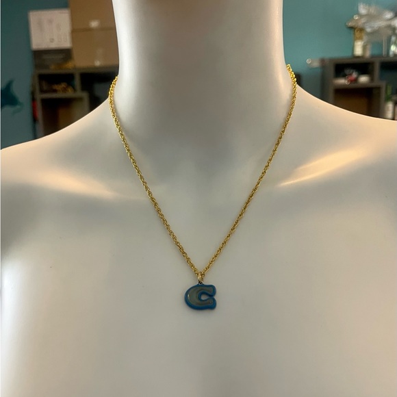 Coach Blue & Gray Lucite “C” Pendant 18k/.925 Sterling Silver Necklace - Picture 2 of 6